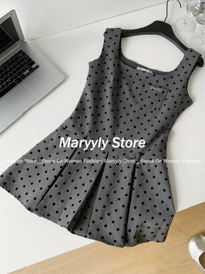 Korean Preppy Style Dress Set Bow Lace Shirt Tops + Polka Dot Mini Dress Commuter 2 Piece Set New