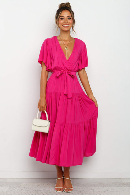 Color Ruffles Long Dresses V-neck Ruffle Sleeves Leace-up Temperament Lady Dress Summer New