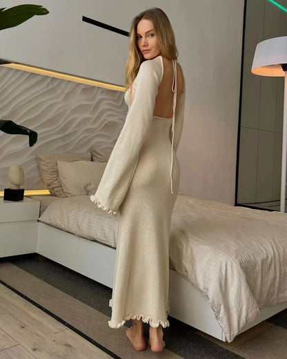 Ribbed Knit Ruffle Trim Long Dress Long Sleeve Bodycon Party Cocktail Dress Flare Summer Beach Cover Up