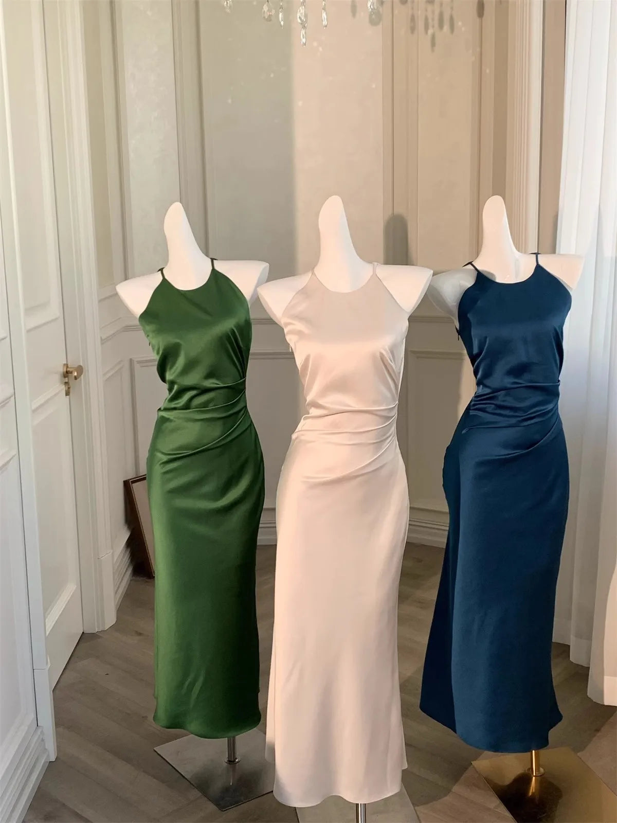 Long Dresses Ruffles Blue Evening Dress Slim Fit Whit Canisole Green Mermaid Vestidos