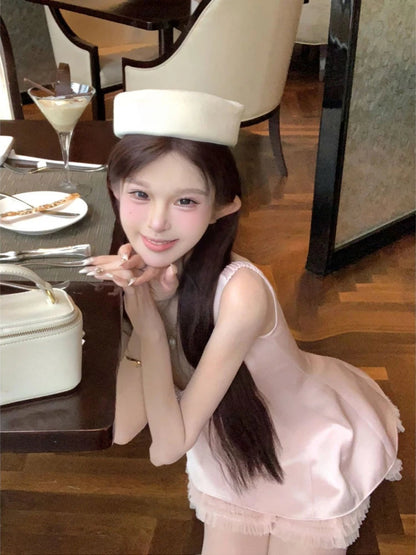 Dresses Rhinestone Sleeveless Square Collar Patchwork French Style Mini Dress Party