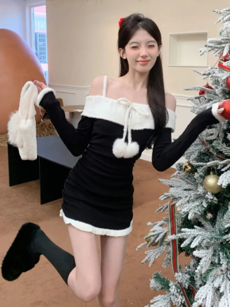 Kawaii Christmas Mini Dress Y2k Sweet Spaghetti Strap Slash Neck Birthday Party Dresses Bodycon Vestidos Female Outfits