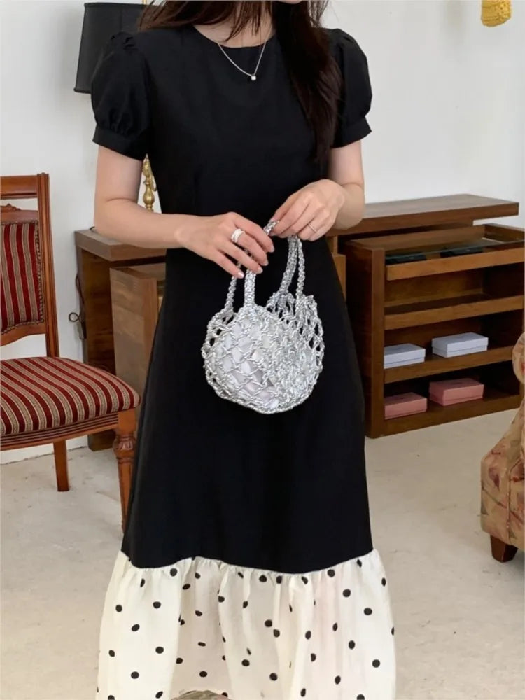 French Style Mermaid Dress Summer Slim Color Collision Polka Dot Fishtail Long Dress