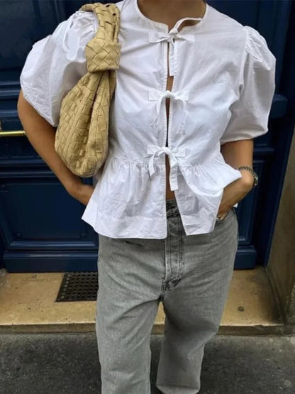 Summer Woman Bow Tied Lace Up Shirts Puff Short Sleeves Blouse Oneck Ruffle Color Tops