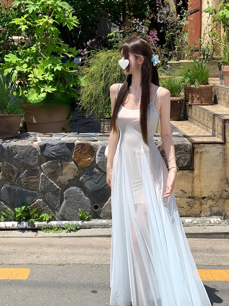 Summer Lace Midi Dress Beach Evening Party Sleeveless Strap Dress One Piece Dress Korean