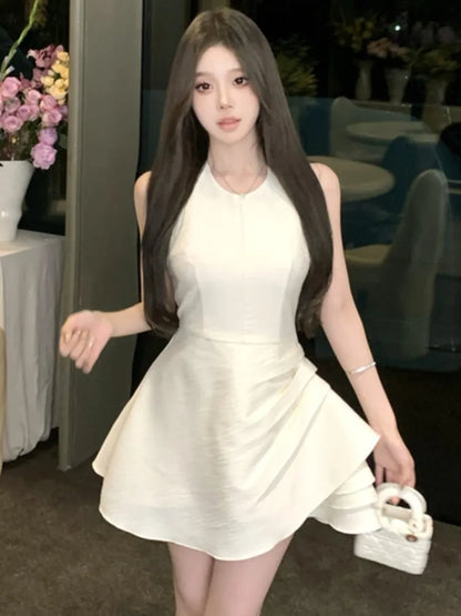 Halter Irregular Jumpsuit Dresses Sweet White Backless Birthday Party Mini Dress Female Pleated Aline Short Vestidos