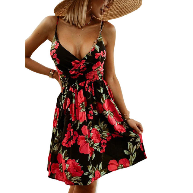 Flower Print Spaghetti Strap Mini Dresses V-neck Backless Short Dress Vacation Vestidos