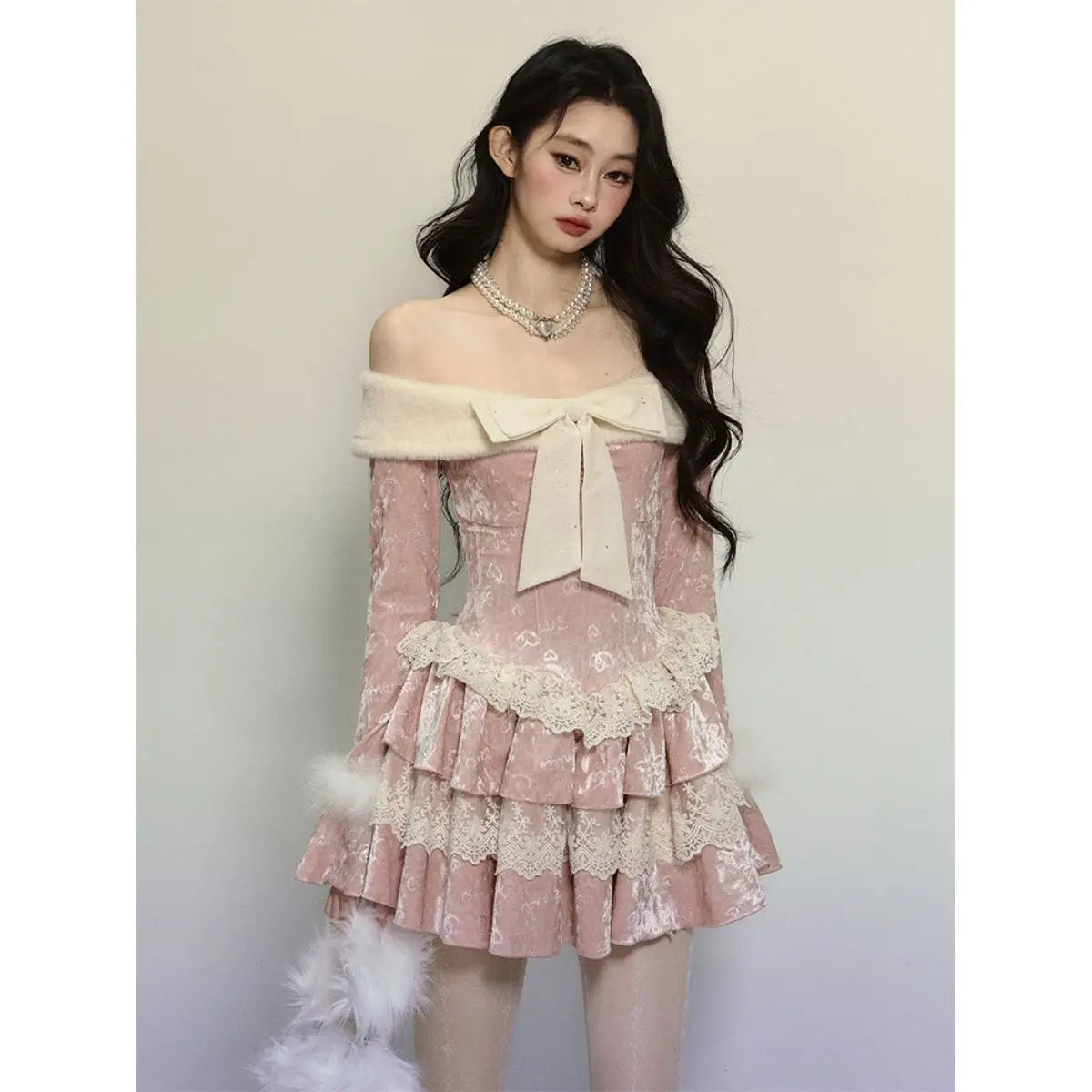Off Shoulder Long Sleeve Butterfly Knot Velvet Pink Dress for Winter New Retro Waist Slimming Lace Cake Mini Dress