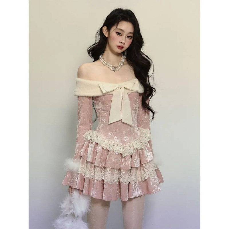 Off Shoulder Long Sleeve Butterfly Knot Velvet Pink Dress for Winter New Retro Waist Slimming Lace Cake Mini Dress