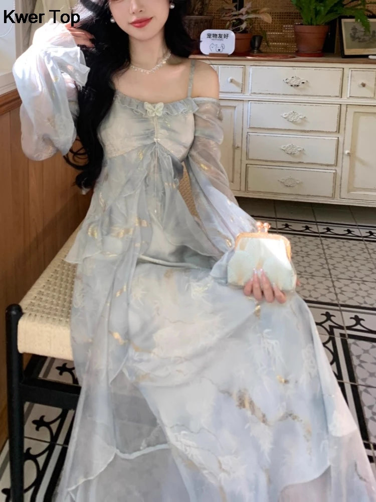 French Print Fairy Long Dresses Autumn New Ruffles Aline Party Birthday Vestidos Female One Piece Clothes