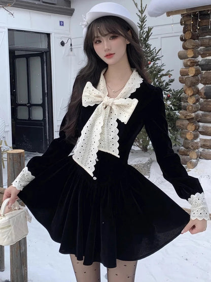 Autumn Spring New Velvet Mini Dress Long Sleeve Female New Clothes