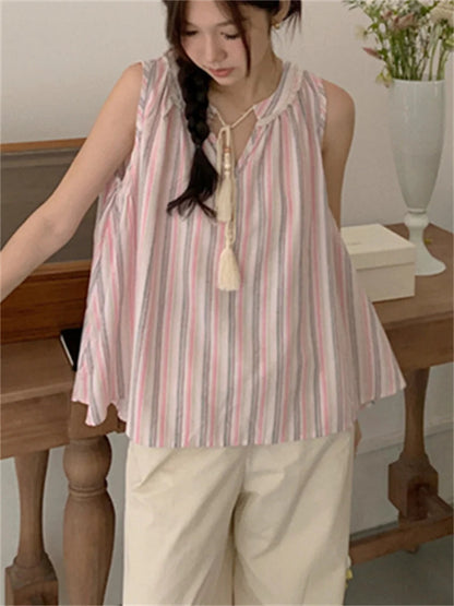 Pink Tank Tops Stripes Sweet Ol Sleeveless Loose Gentle New Office Lady Slim Outwear