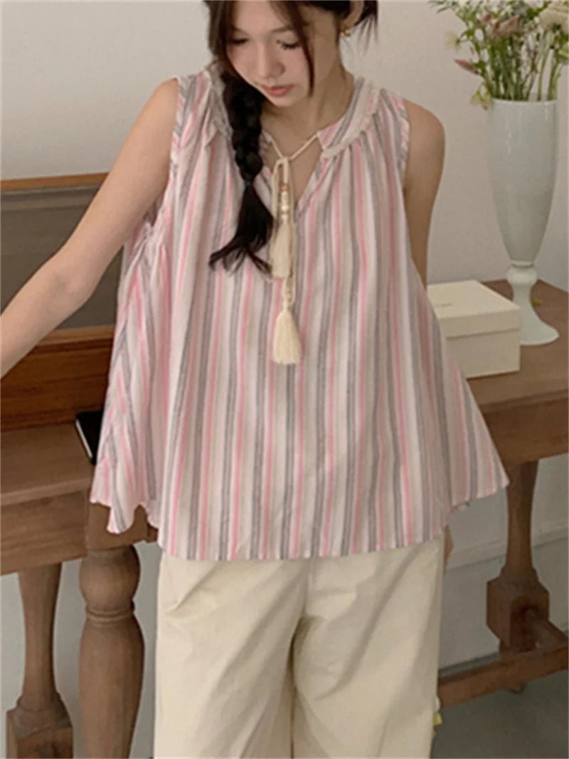 Pink Tank Tops Stripes Sweet Ol Sleeveless Loose Gentle New Office Lady Slim Outwear