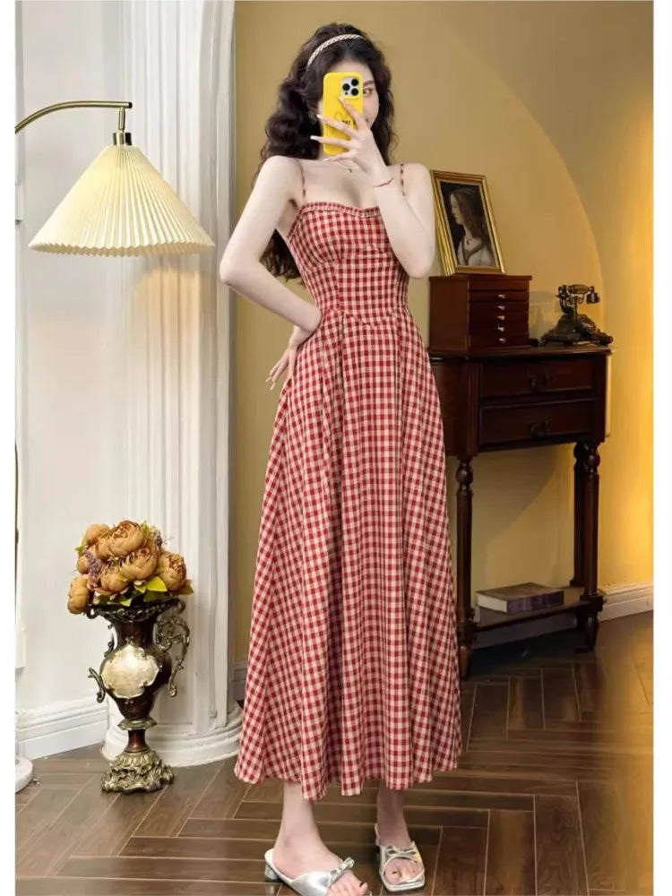Plaid Midi Dress French Spaghetti Strap Aline Spring Summer Holiday Beach Style Prom Robe Vestidos Mujer
