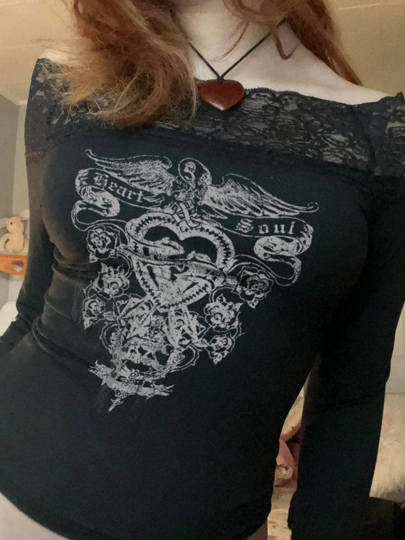 Gothic Retro Lace Trim Slash Neck Blouses �� Long Sleeve Y2k Darkly Print Autumn Tops