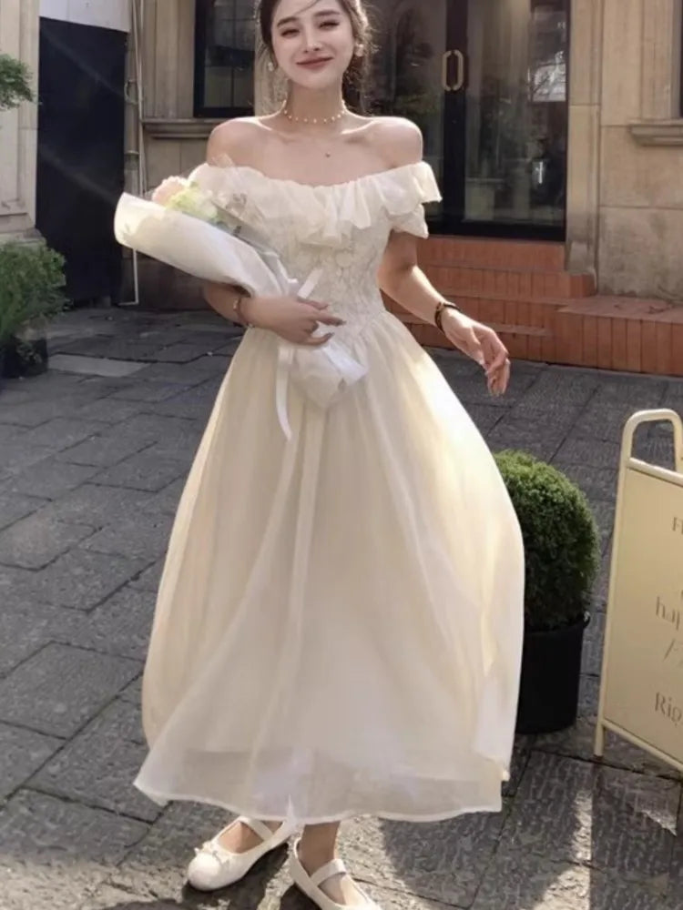 New Summer Off Shoulder Midi Dress Lace Patchwork Ruffles Aline Party Dresses Prom Robe Vestido