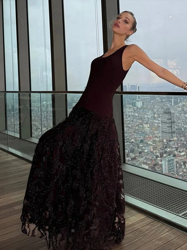 Knitted Sequin Long Dresses Glitter O-neck Sleeveless Maxi Evening Dress Female Street Party