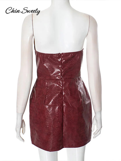 Burgundy Leather Strapless Mini Dress Backless High Waist Hip Package Female Dresses Summer Slim Y2k Clubwear