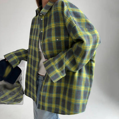 Single Breasted Lapel Shirts Spring Plaid Print Loose Office Blouses New Autumn Long Sleeve Long Top Jacket