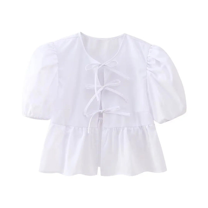 Summer Woman Bow Tied Lace Up Shirts Puff Short Sleeves Blouse Oneck Ruffle Color Tops