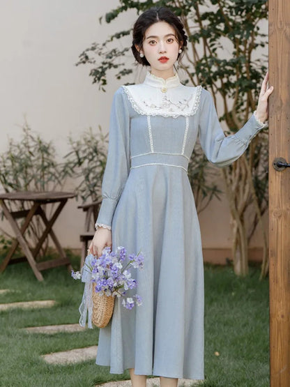 Midi Dresses Woman Autumn Retro French Style Embroidery Lantern Sleeve Slim Evening Party Robe Vestido