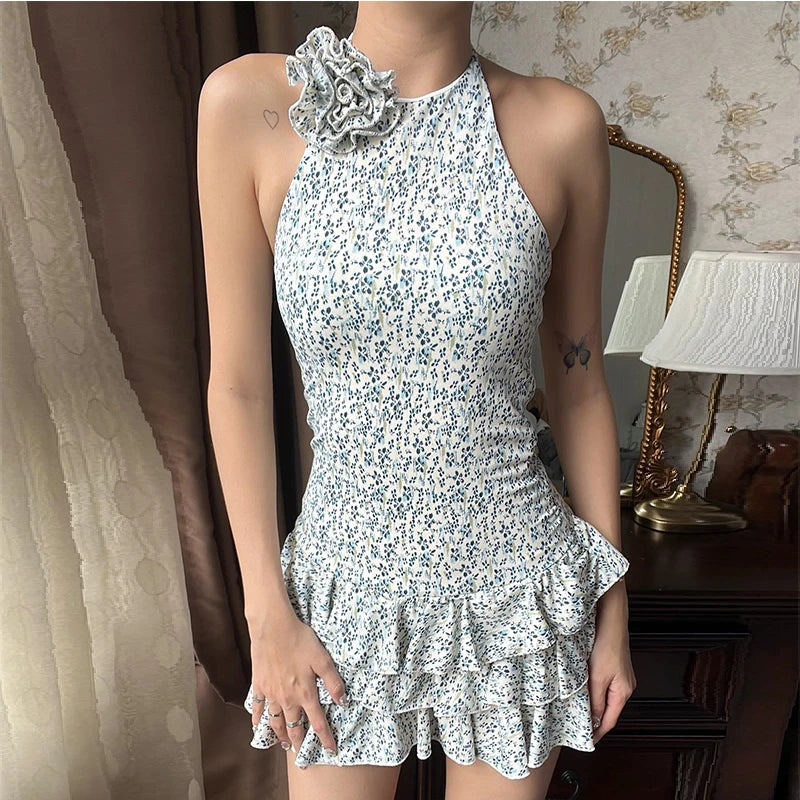 Pleated Decal Print Backless Mini Dress