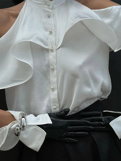 White Ruffle Halter Shirts Loose Hollow Out Single Breasted Blouses Female Autumn High Street Tops
