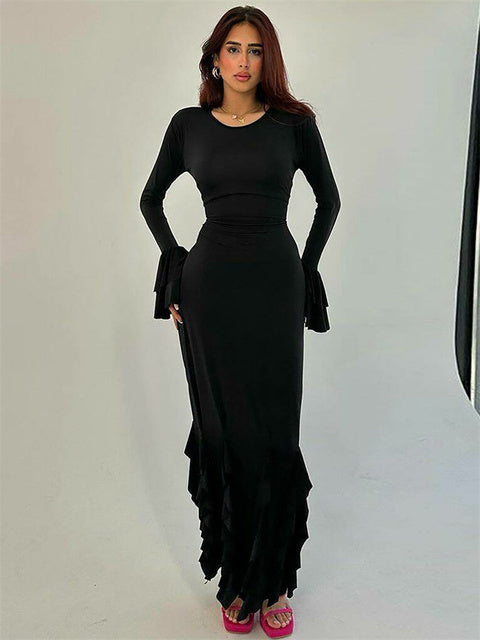 Bandage Ruffled Slim Maxi Dress ’s Patchwork Lace-up Bodycon Dress Female Autumn Long Dress