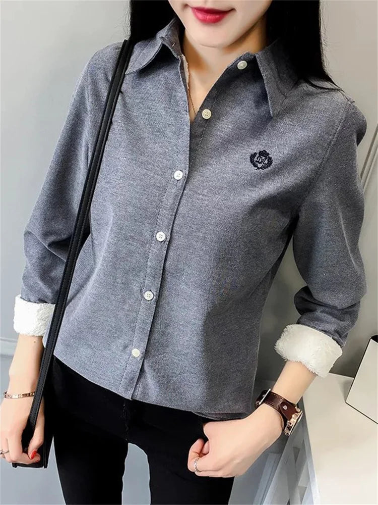 Very Thick Winter Style Blouses Shirts Lady Long Sleeve Turn-down Collar Velvet Blusas Tops Df3161