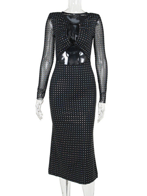 Sequin Sparkle Maxi Dress for Hollow Out Sheer Long Sleeve Bodycon Club Party Long Dress