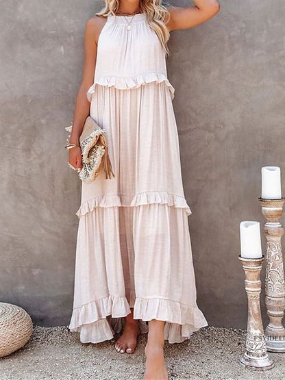 Summer Vacation Style Halter Neck Long Dresses Backless Leace-up Loose Ruffles Beach Dress Vestidos