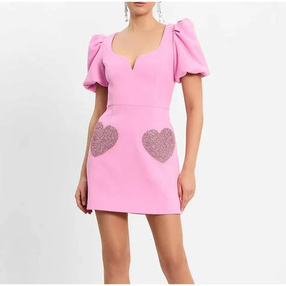 Summer Dress Heart Shaped Sequins Party Mini Dress Female Puff Sleeve V Neck Robe Slim Pink Dresses Clothes