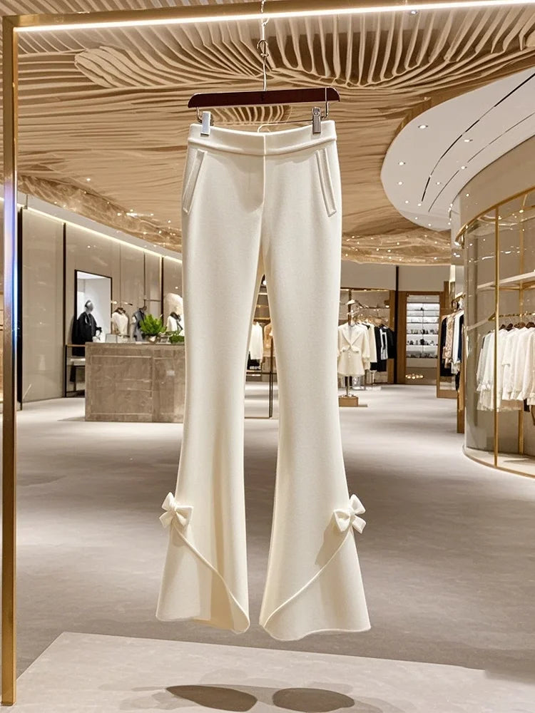 Winter Thick High Waist White Knitted Pants for Korean Sweet Bow Slimming Straight Tube Flare Pants Trousers
