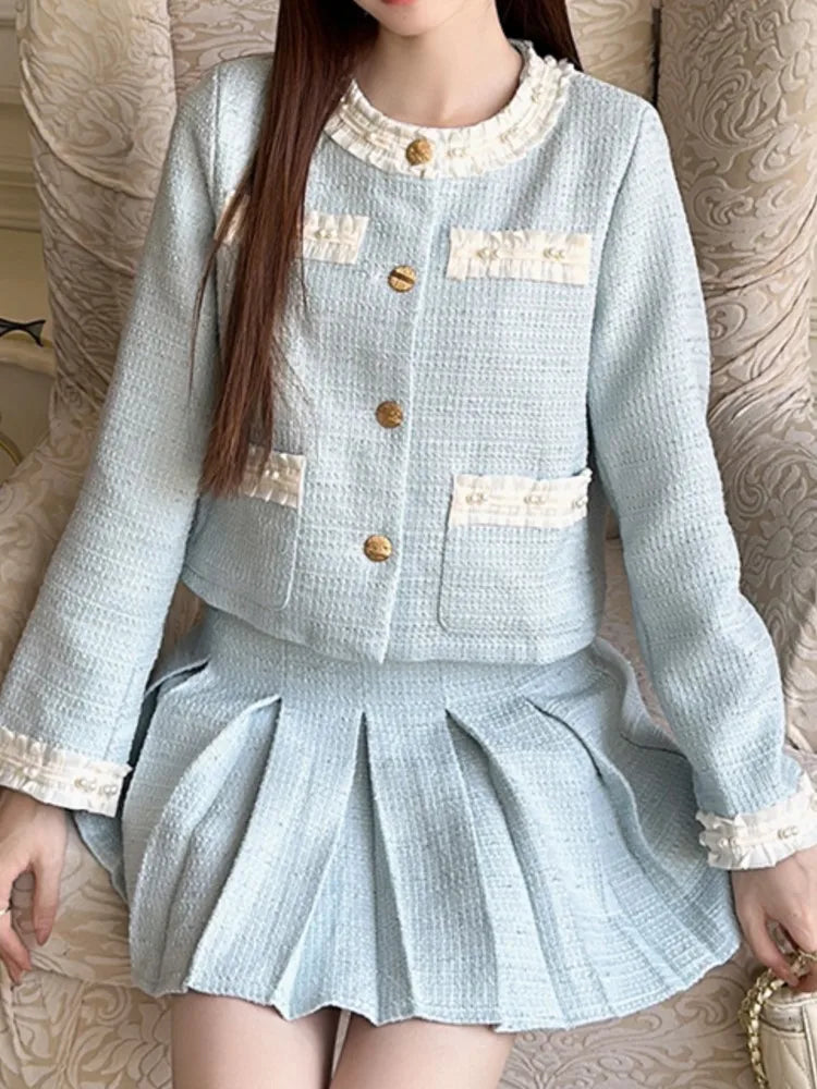 Spring Summer Korean Skirts Suit Coat Aline Pleated Skirts Two Pieces Set Female Clothes New