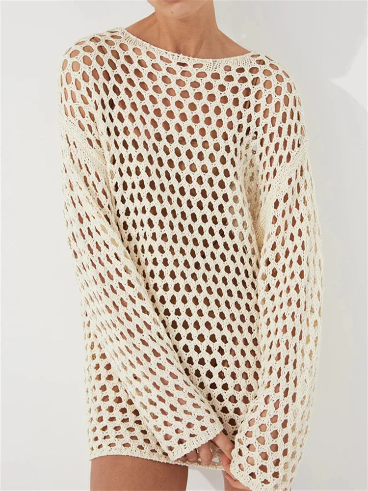 Hollow Out Knit Cover Up Dress for See-through Loose Beach Holiday Mini Dress Summer Splice Knitwear Cover Up