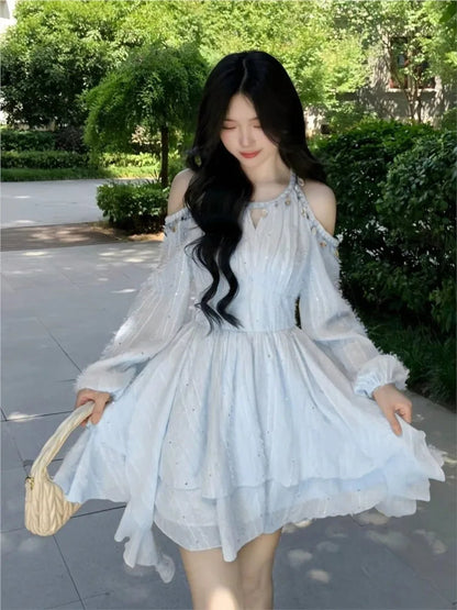 Irregular Ruffles Shell Decoration Mini Dress Autumn Winter Long Sleeve Off Shoulder Fairy Evening Sequin Vestidos