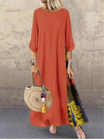 Cotton Linen Long Dresses Three Quarter Sleeves Splicing Print Loose A-line Dress Lady Maxi Vestido