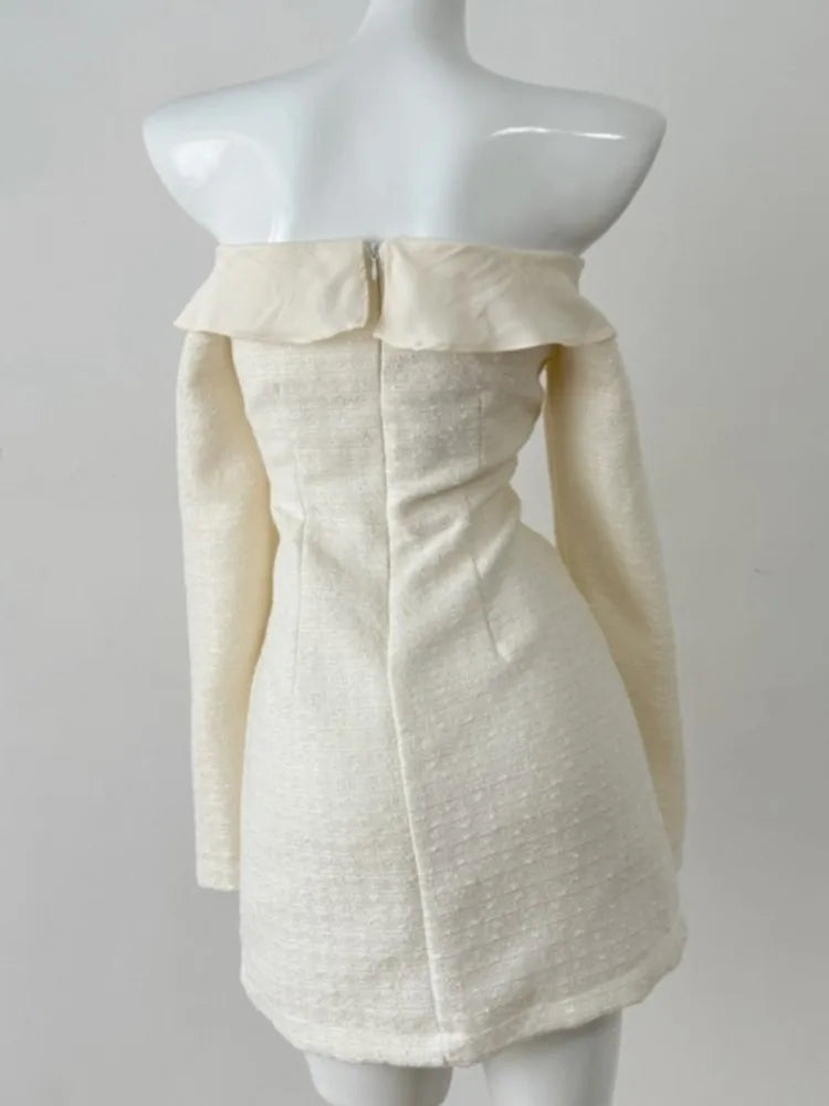 Sweet Tweed Mini Dresses for Slash Neck Long Sleeves Birthday Party Evening Robe Korean Slim Waist Vestidos Mujer