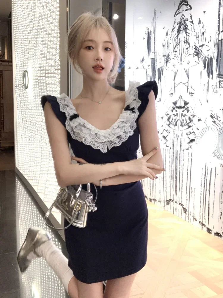 Lace Patchwork Mini Dresses for Flying Sleeve Aline Summer Dresswith Bow Korean Slim Uniform Clothes