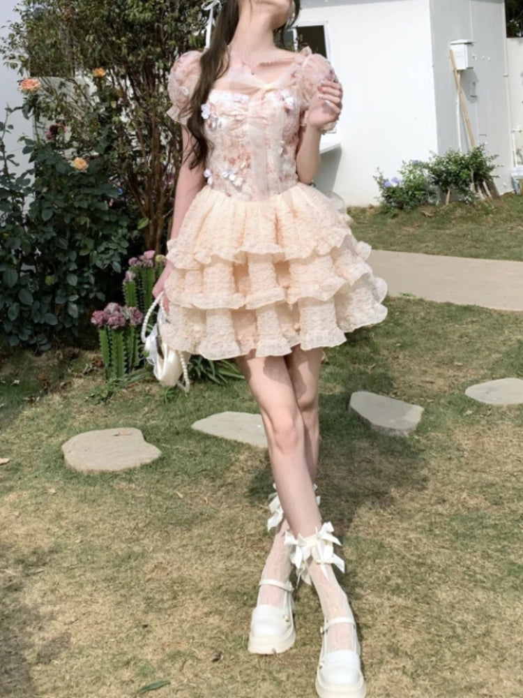 Lolita Kawaii Sweet Mini Dress Retro Lace Party Dress Summer Japanese Style One Piece Dress