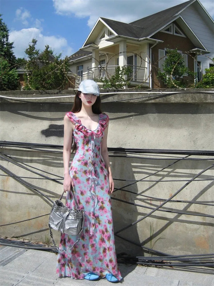 French Vneck Ruffle Dress for Summer New Unique Evening Party Dresses Vacation Style Waist Long Dress