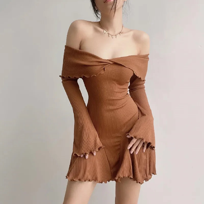 Black Knit Ruffled Mini Dress Patchwork Offshoulder Loose Slim Ribbed Dress Knitwear Clothes Female Dress