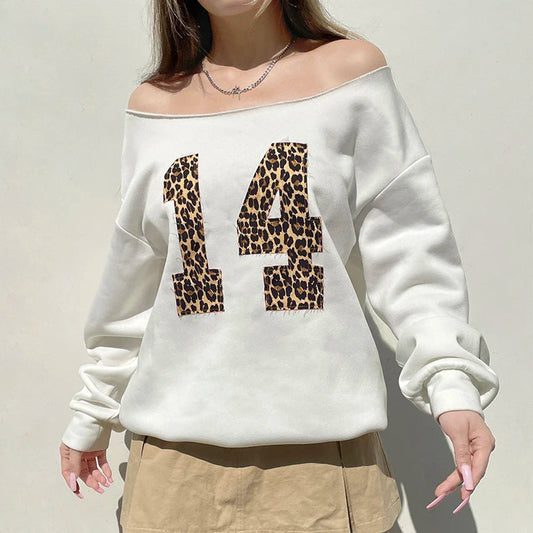 Leopard Digital Patched Fleece Pullovers Fall Winter Plush Thick Sweatshirts Loose Long Sleeve Tops