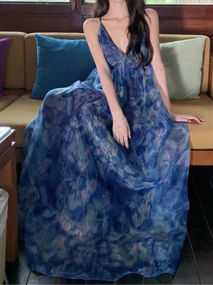 Summer Print Midi Dress Sleeveless Aline Maxi Vestidos Female Backless Long Robe New