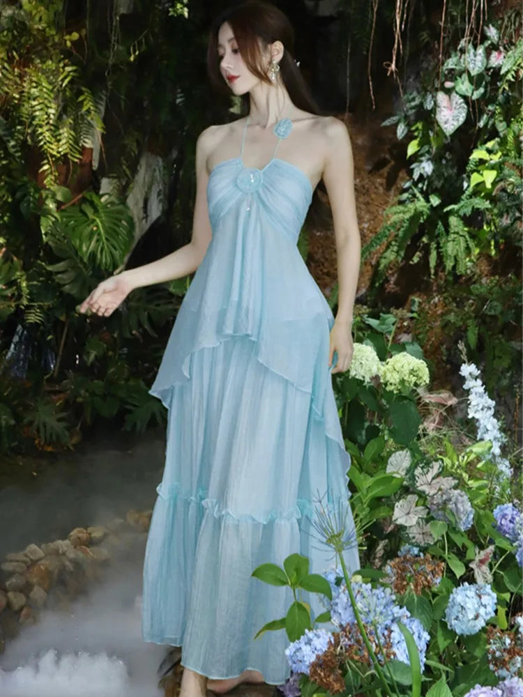 Korea Sweet Fairycore Halter Long Dress Ruffles Birthday Party Dress Summer Aline Vestidos Female New Robe