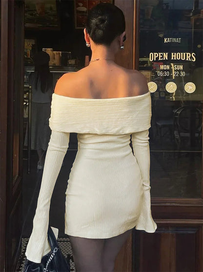 Backless Lace-up Slim Mini Dress Ribbed Long Sleeve Off-shoulder Summer Dress Female Party Dress New