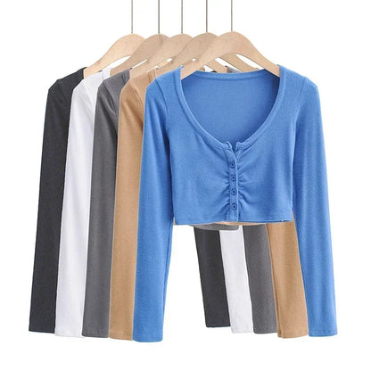 ’s V-neck Tank Tops T-shirt Short Sleeve Color Button Crop Top Clubwear Top Summer Slim Short T-shirt for
