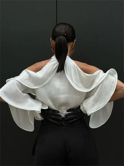 White Ruffled Shirts Top for Patchwork Off-shoulder High Waist Female Summer Blouse