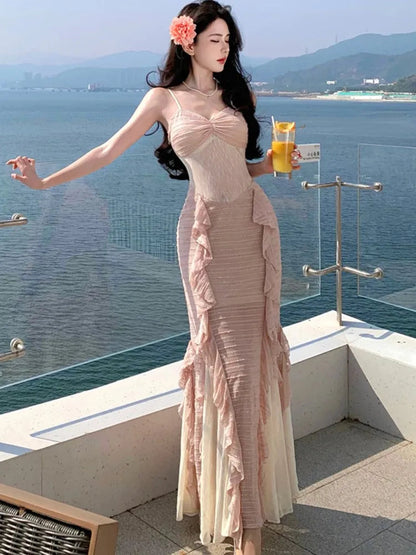 Summer French Style Long Dresses for Spaghetti Strap Ruffles Birthday Party Dress Female Holiday Beach Vestidos Robe