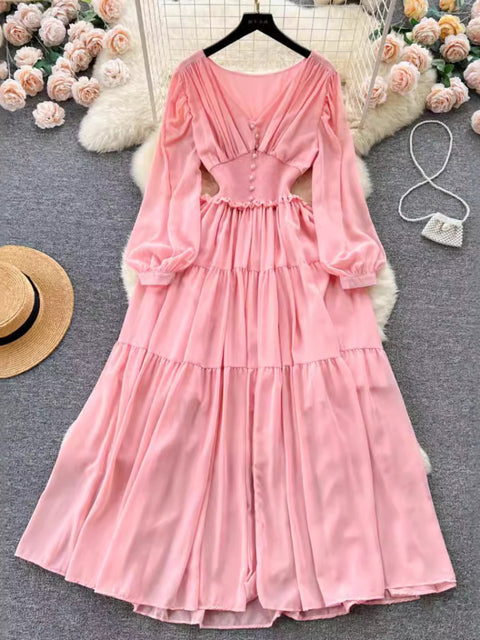 Chiffon Long Dress V-neck Long Sleeved Dresses French Pleated Slim A-line Long Robe Vestidos
